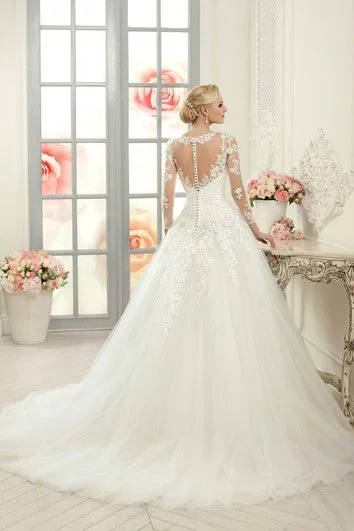 Ball Gown Floor-Length Bateau Long-Sleeve Illusion Tulle Lace Dress With Appliques