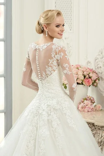 Ball Gown Floor-Length Bateau Long-Sleeve Illusion Tulle Lace Dress With Appliques