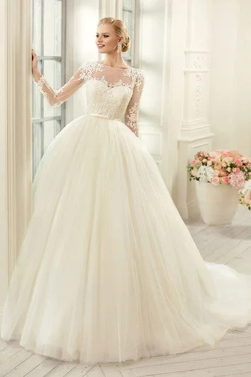 Ball Gown Floor-Length Jewel Long-Sleeve Illusion Tulle Lace Dress With Appliques