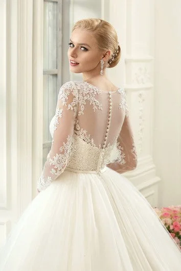 Ball Gown Floor-Length Jewel Long-Sleeve Illusion Tulle Lace Dress With Appliques