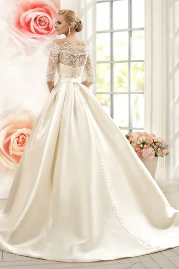 Ball Gown Floor-Length Off-The-Shoulder Half-Sleeve Illusion Satin Dress With Lace