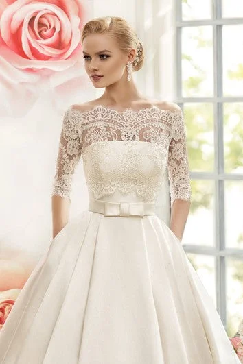 Ball Gown Floor-Length Off-The-Shoulder Half-Sleeve Illusion Satin Dress With Lace