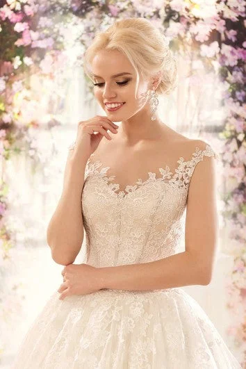 Ball Gown Floor-Length V-Neck Cap-Sleeve Corset-Back Lace Dress With Appliques