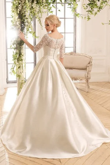 Ball Gown Long Bateau Half-Sleeve Illusion Satin Dress With Lace