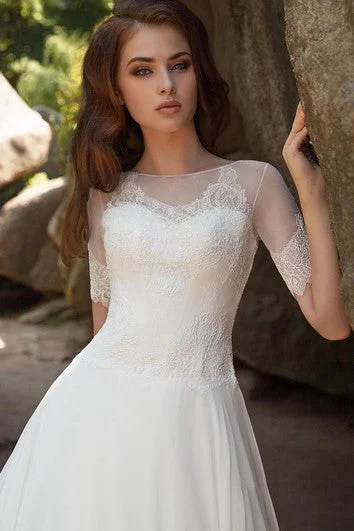 Ball Gown Long Bateau Short-Sleeve Illusion Chiffon Dress With Lace