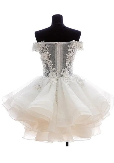 Ball Gown Mini Off-The-Shoulder Appliques Button Zipper Corset Back Lace Organza Dress