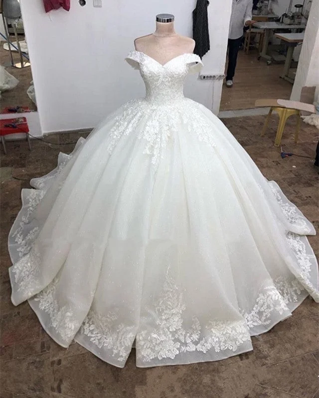 Ball Gown Organza Wedding Dress Lace Appliques Off Shoulder