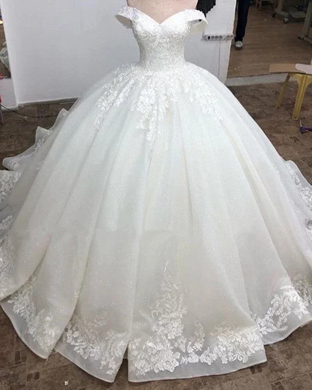 Ball Gown Organza Wedding Dress Lace Appliques Off Shoulder