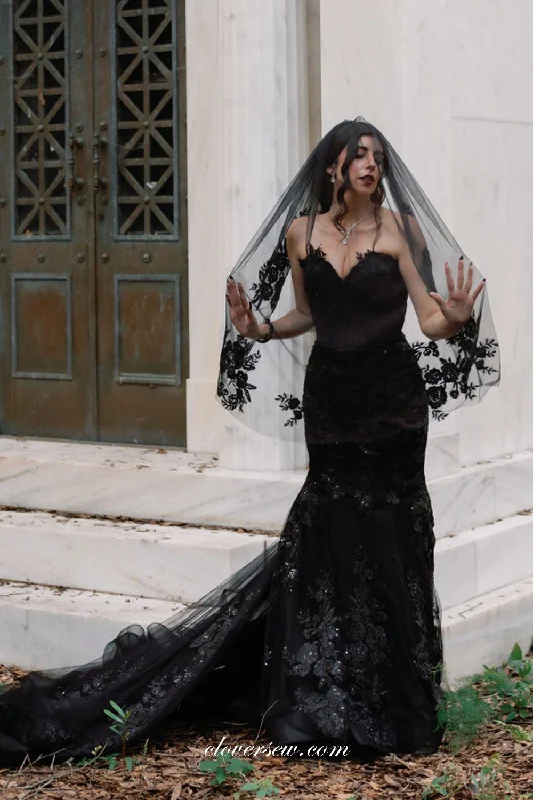 Black Lace Applique Strapless Mermaid Charming Halloween Wedding Dresses, CW0371