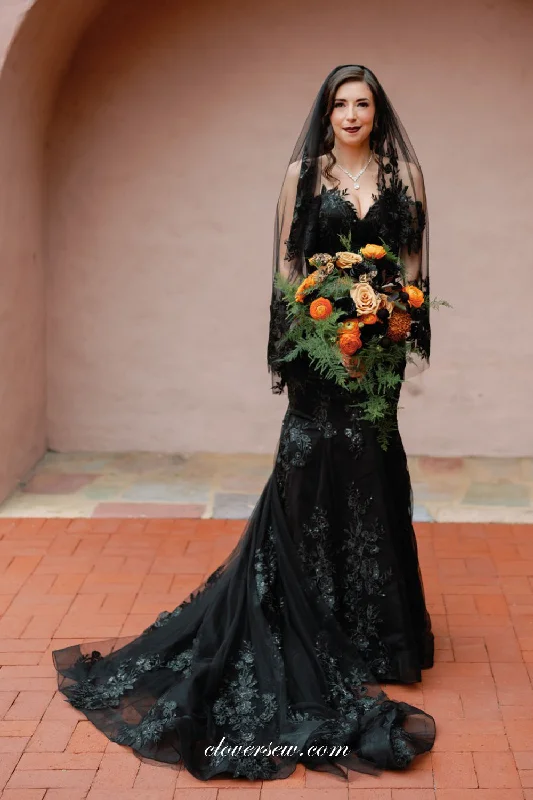 Black Lace Applique Strapless Mermaid Charming Halloween Wedding Dresses, CW0371