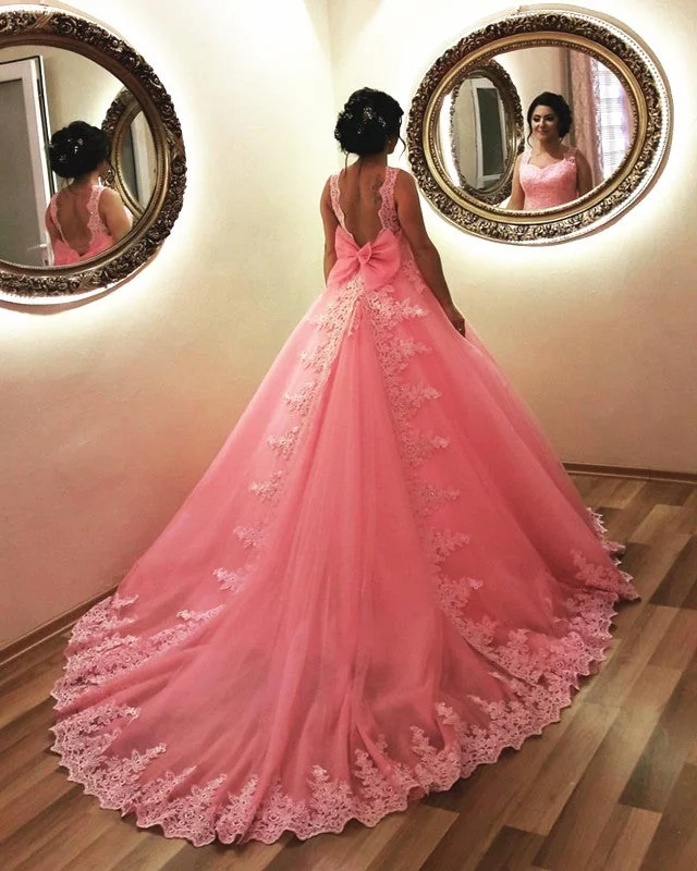 Blush Pink Wedding Dresses Tulle Ball Gown With Bow