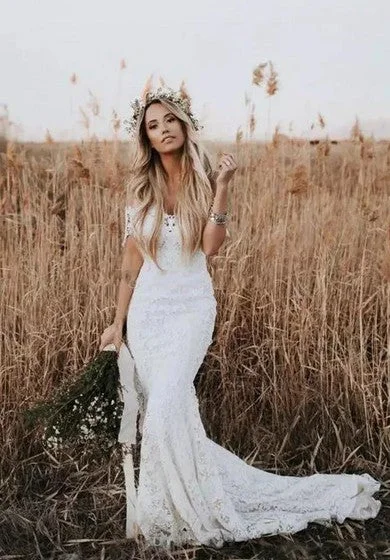 Bohemian Country Style Lace Off-the-shoulder Short Sleeve Wedding Dress