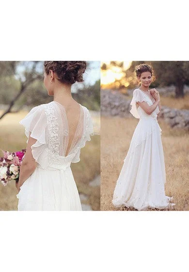 Bohemian Pearls Deep V Neck Backless Flower Beading Sheer Sleeve Pleats Chiffon Wedding Dress