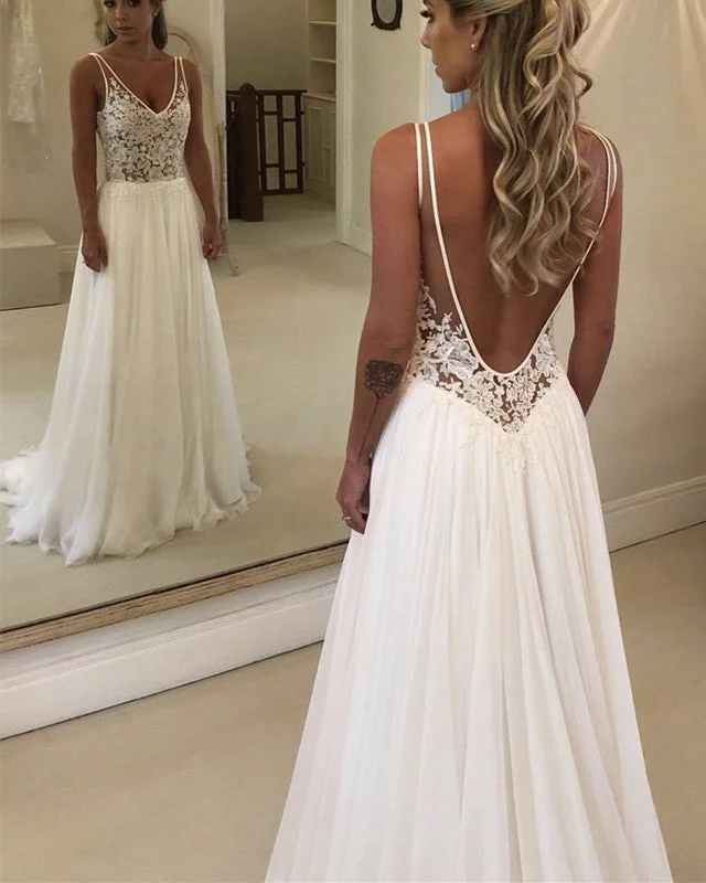 Boho Lace Bodice Chiffon V-neck Wedding Beach Dresses