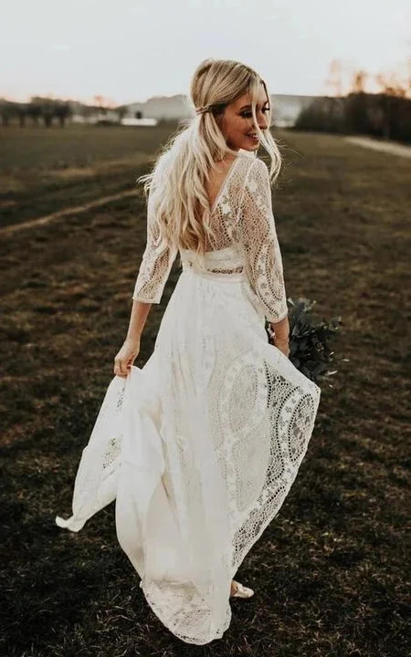 Boho Scoop-neck Lace Long Sleeve Empire Pleated Country Wedding Dress