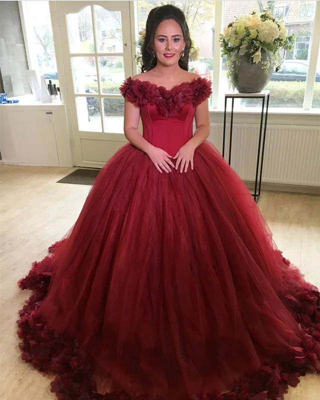 Burgundy Flower V-neck Tulle Ball Gowns Quinceanera Dresses