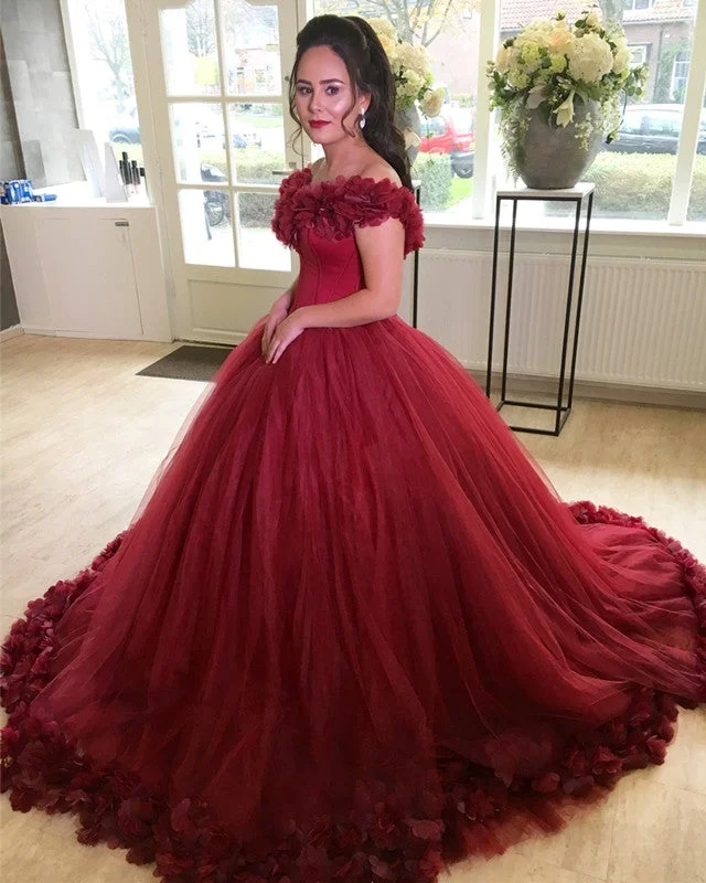 Burgundy Flower V-neck Tulle Ball Gowns Quinceanera Dresses