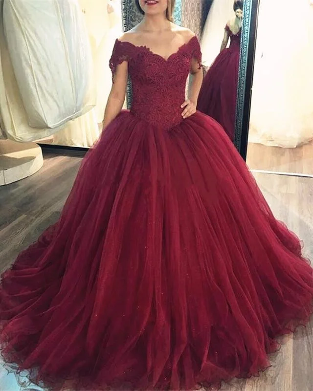 Burgundy Wedding Dresses Ball Gowns Lace Off The Shoulder