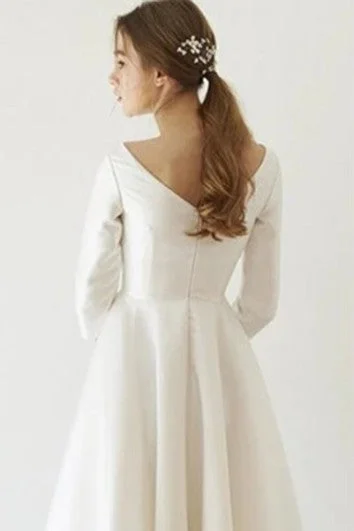 Casual A Line V-neck Satin Tea-length Wedding Dress