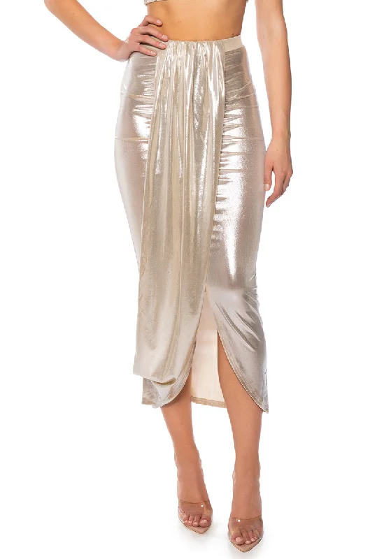 CHIARA METALLIC DRAPED MIDI SKIRT