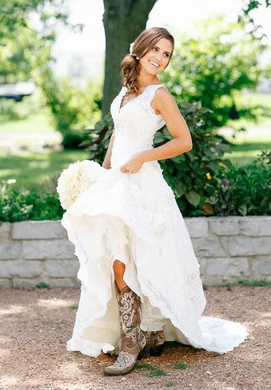 Country/Rustic Cowgirl Rustic Ruffle V-Neck Sleeveless A-line Layers Sweep Train Bridal Gown