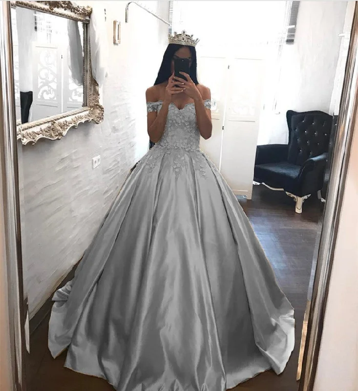 Elegant Lace Off The Shoulder Ball Gowns Satin Wedding Dresses