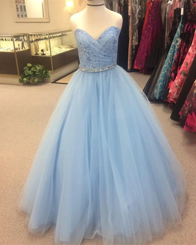 Elegant Lace Sweetheart Beaded Sashes Tulle Ball Gowns Quinceanera Dresses