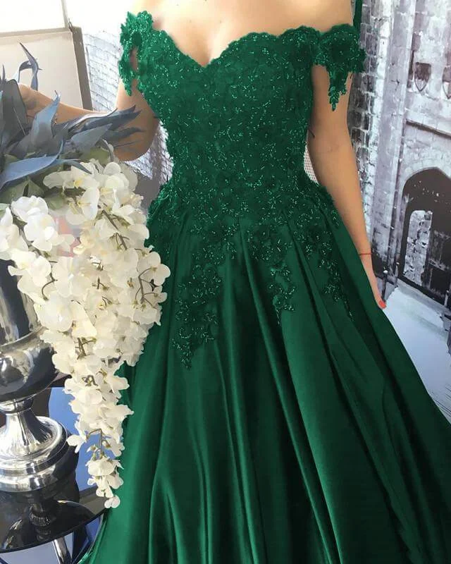 Emerald Green Ball Gown Satin Prom Dresses Lace Flowers Off Shoulder