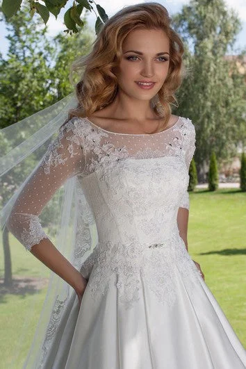 Floor-Length Ball Gown Appliqued Scoop Neck 3-4 Sleeve Satin Wedding Dress