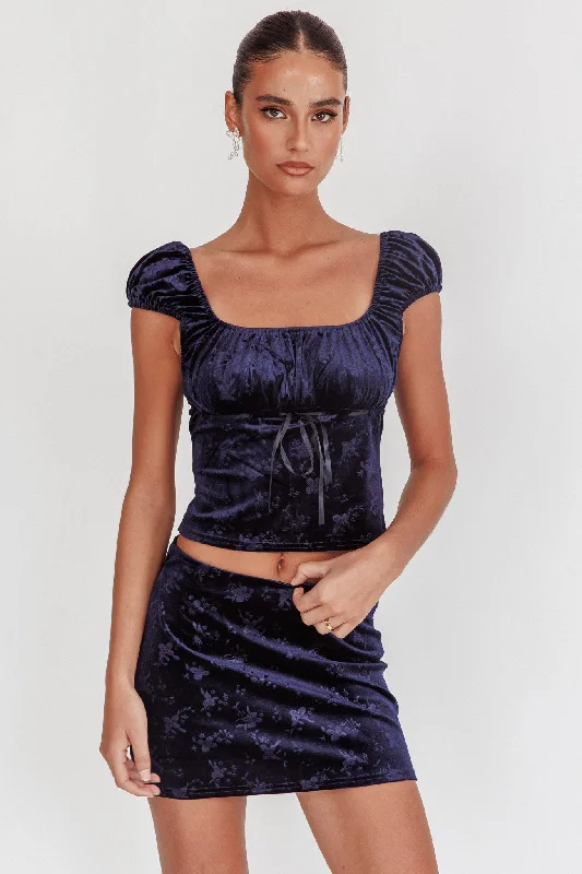 High Rollers Floral Velvet Mini Skirt Navy