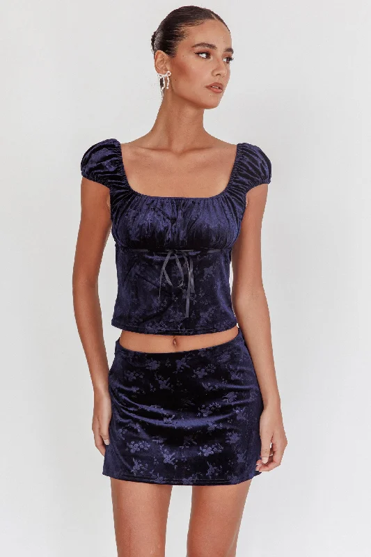 High Rollers Floral Velvet Mini Skirt Navy