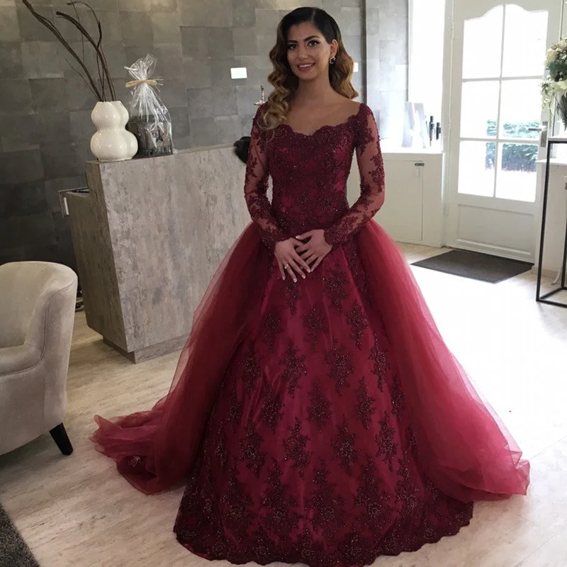 Illusion Neckline Burgundy Lace Long Sleeves Wedding Dresses Removable Skirt