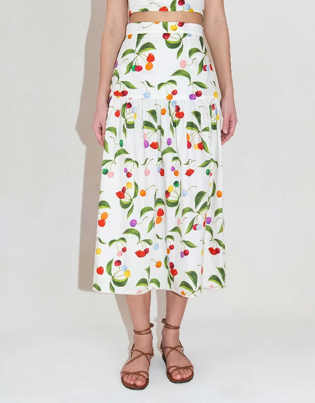 June Cotton Midi Skirt in Cherry White