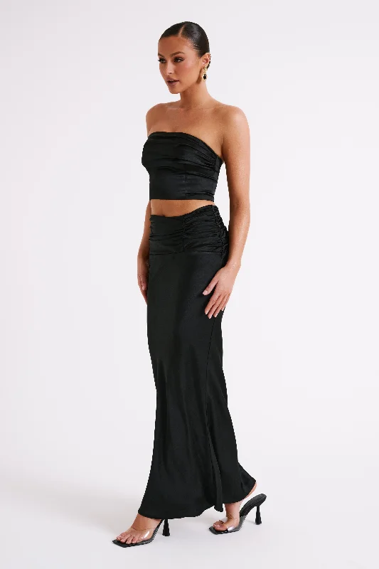 Khalani Ruched Satin Maxi Skirt - Black