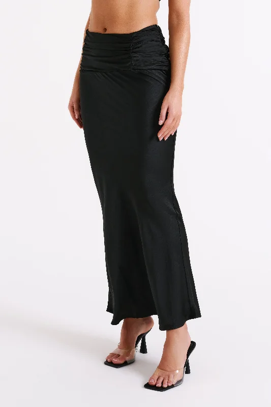 Khalani Ruched Satin Maxi Skirt - Black