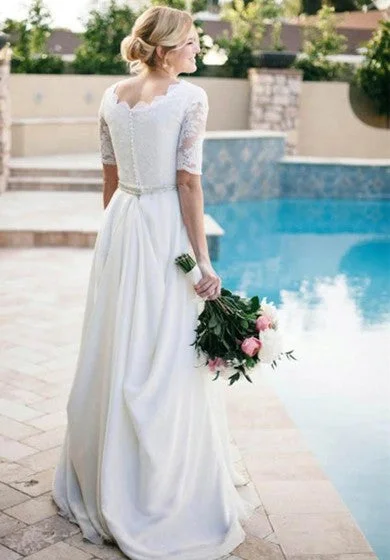 Lace A-line Beading Ivory Half Sleeve Wedding Dress