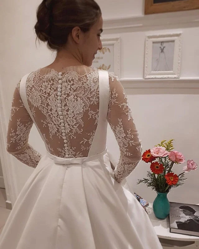 Lace Back Ball Gown Satin Wedding Dresses With Pockets