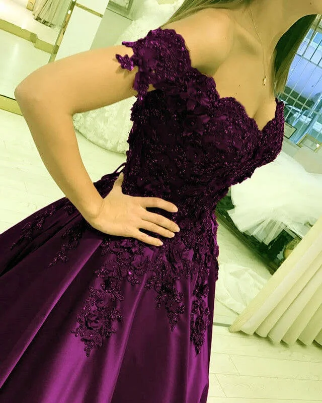 Grape Ball Gown Lace Flowers Beaded Off The Shoulder