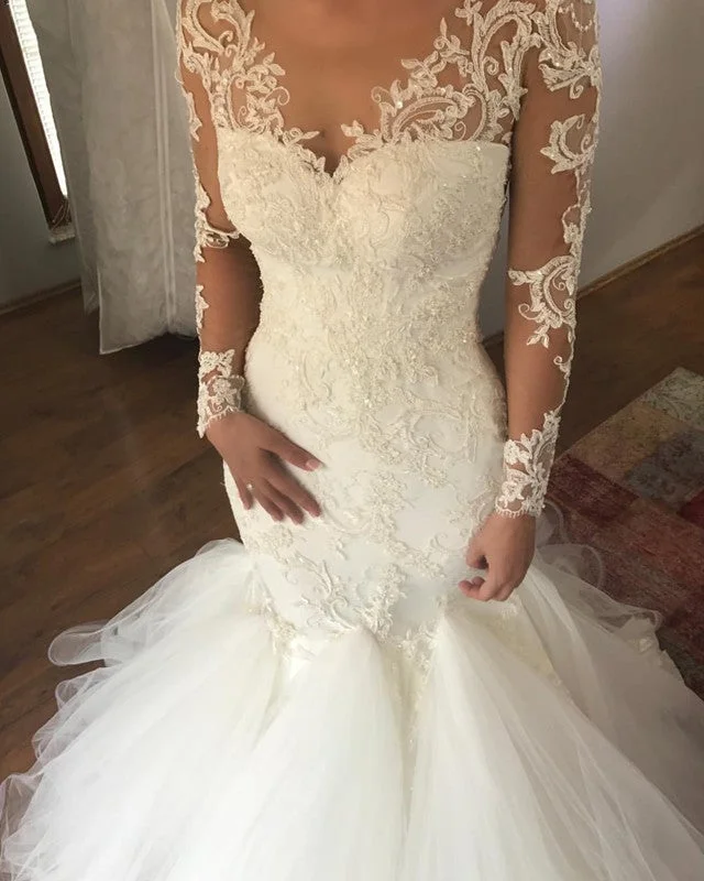 Lace Long Sleeves Ruffles Mermaid Wedding Dress