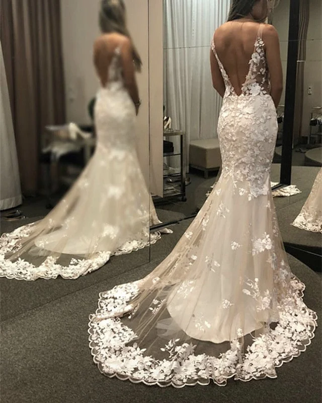 Lace V Neck Open Back Mermaid Wedding Dresses