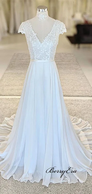 Lace V-neck Wedding Dresses, Chiffon A-line Bridal Gowns, New Trendy Wedding Dresses