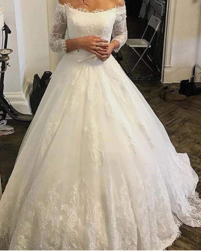 Off Shoulder Lace Wedding Dresses With 3/4 Sleeves