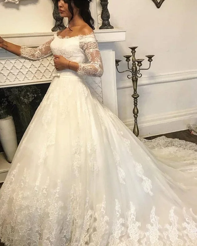 Off Shoulder Lace Wedding Dresses With 3/4 Sleeves