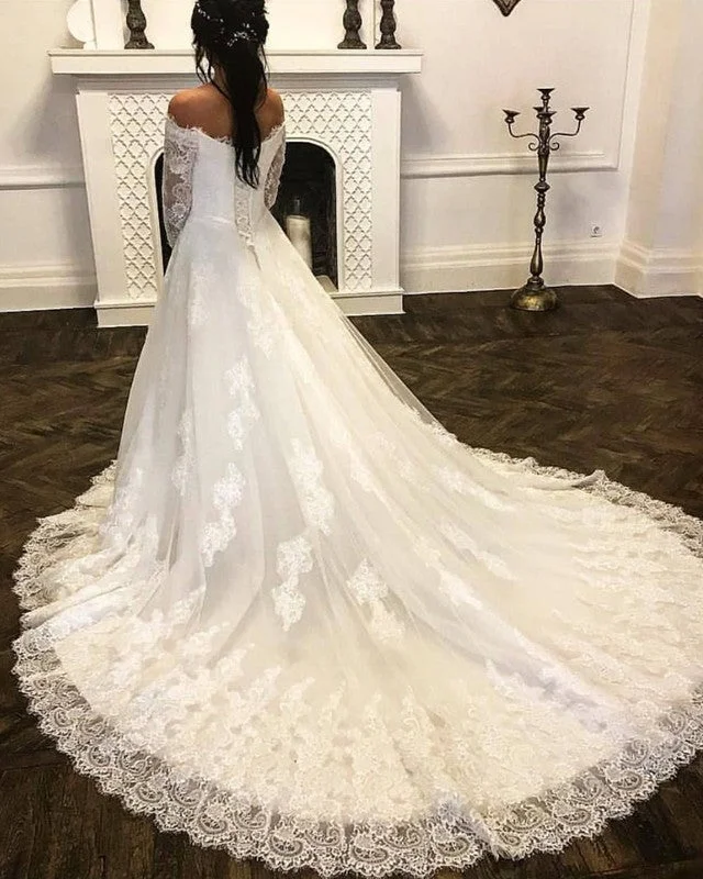 Off Shoulder Lace Wedding Dresses With 3/4 Sleeves