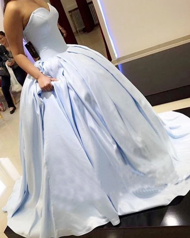 Light Blue Satin Sweetheart Ball Gowns Prom Dresses