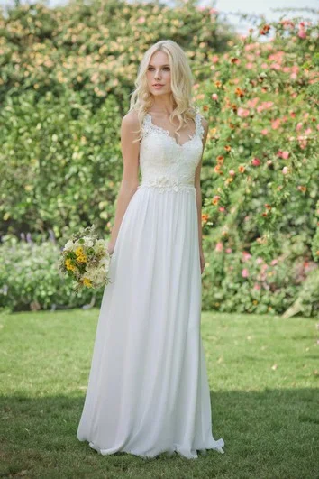 Long Chiffon Lace Weddig Dress With Beading Flower