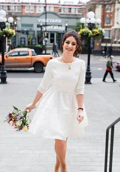 Long Sleeve Satin Knee Length A-Line Short Wedding Dress With Bateau Neckline