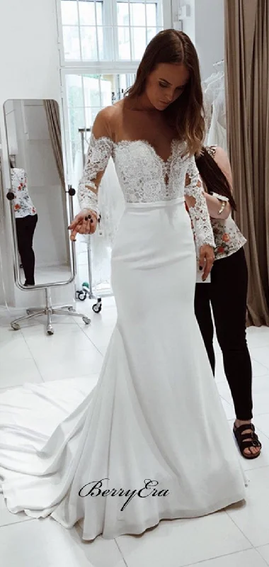 Long Sleeves Mermaid Wedding Dresses, Off Shoulder Wedding Dresses, Lace Bridal Gowns