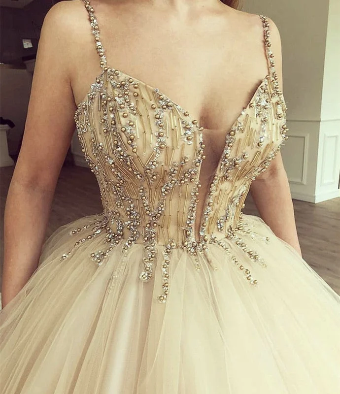 Luxurious Beaded Sweetheart Tulle Ball Gowns Prom Dresses