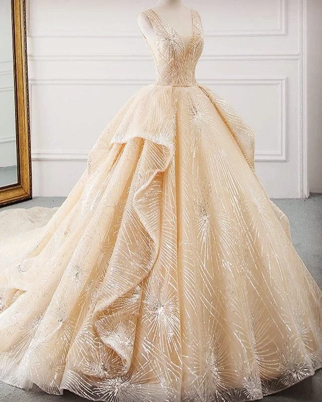 Luxury Wedding Dress Sequin V Neck Ball Gown